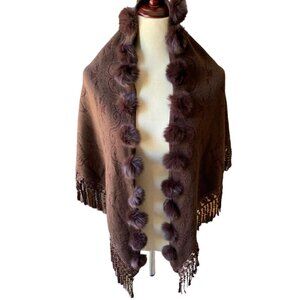 Vintage Woven Textured Fur Pom Pom with Embroidered Fringe Brown Art Shawl Brown